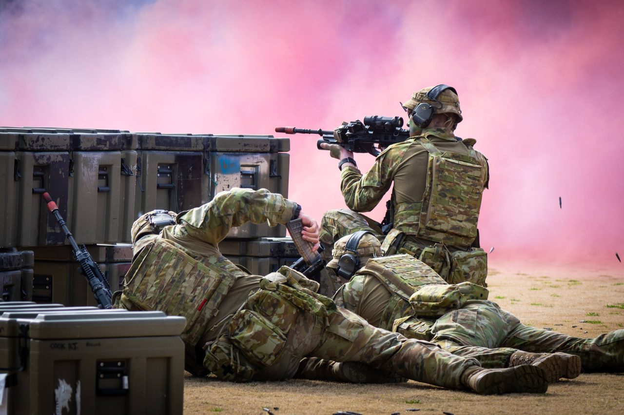 app trainee officers perform a simulated ground-based infantry attack on the Academy’s parade ground during this year’s Open Day on 20 August 2022.