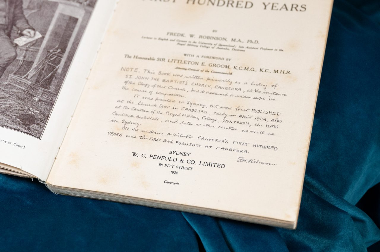 Photographs of Canberra's first published book ahead of it's 100 year anniversary in early April 2024.